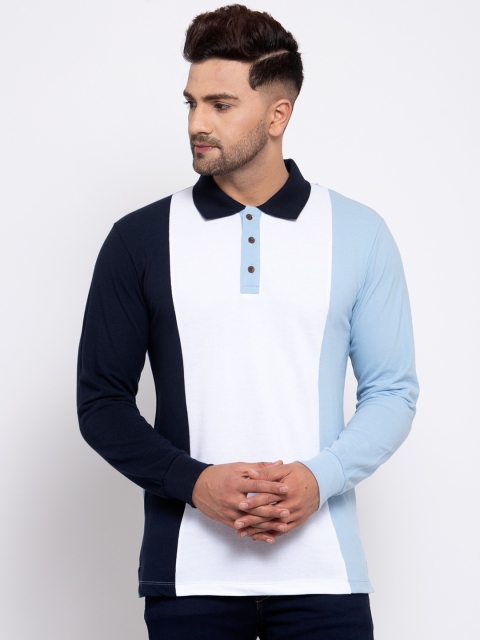 

Kalt Men Blue & White Colourblocked Polo Collar T-shirt