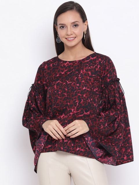 

ALL WAYS YOU Maroon Printed Flared Sleeves Crepe A-Line Top