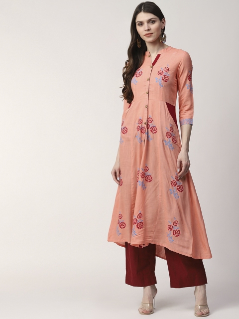 

Indi Inside Woman Peach Rayon Solid A-Line Block Printed Kurta