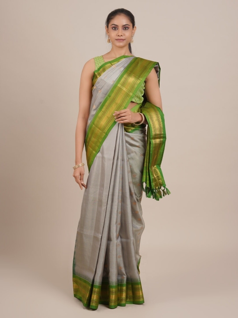 

Pothys Grey & Green Pure Silk Woven Design Gadwal Saree