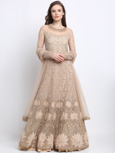 

Stylee LIFESTYLE Beige & Gold-Toned Net Embroidered Semi-Stitched Dress Material