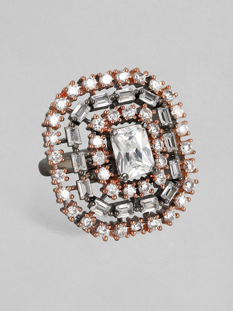 

Rubans Rhodium-Plated Silver-Toned & White CZ-Studded Adjustable Handcrafted Finger Ring
