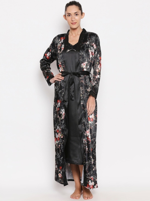 

XIN Black & Peach-Coloured Floral Printed Nightdress