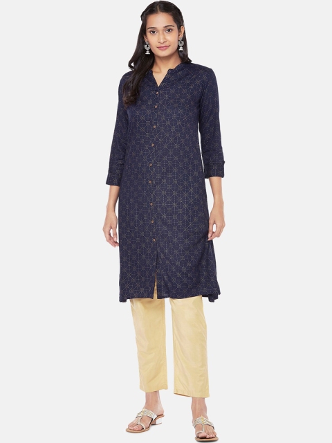 

Ethnicity Women Navy Blue & Gold-Toned Geometric Printed Kurta