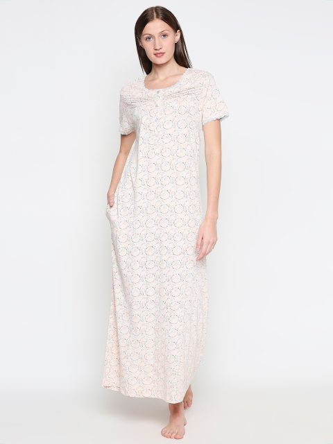 

XIN Peach-Coloured & Grey Printed Cotton Nightdress