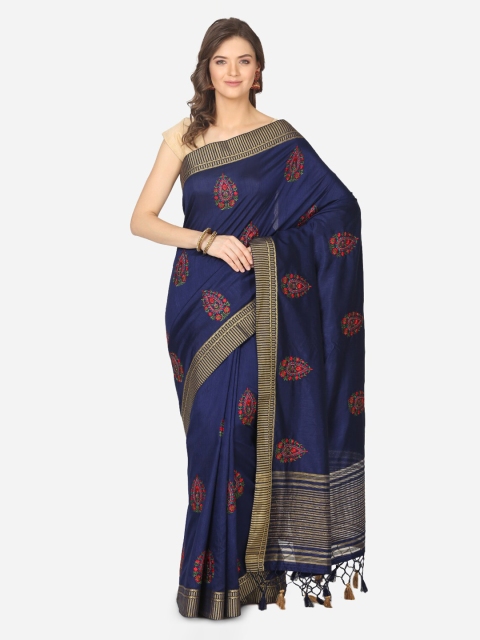 

BOMBAY SELECTIONS Navy Blue Solid Tussar Saree