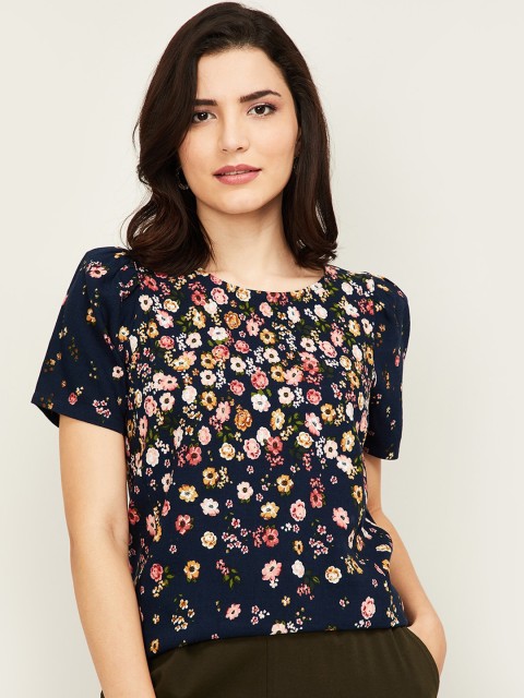 

CODE by Lifestyle Navy Blue Floral Printed Flared Sleeves Regular Top