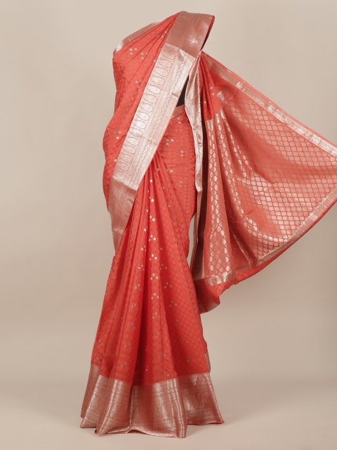 

Pothys Peach-Coloured & Silver-Toned Pure Crepe Woven Design Saree