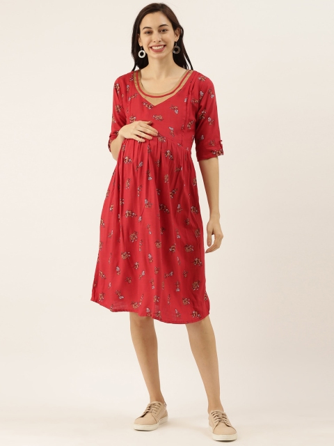 

GOLDSTROMS Women Red & Brown Floral Printed Maternity Fit and Flare Dress
