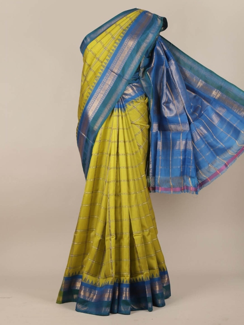

Pothys Lime Green & Blue Pure Silk Checked Gadwal Saree