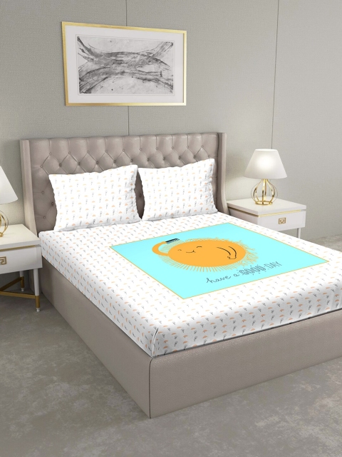 

BELLA CASA White & Blue Graphic 124 TC Cotton 1 King Bedsheet with 2 Pillow Covers