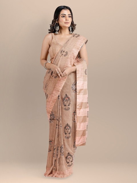

BharatSthali Peach-Coloured & Black Silk Cotton Embroidered Maheshwari Saree