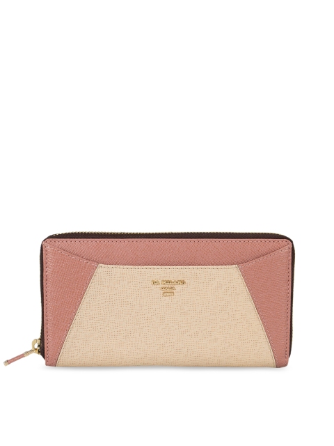 Da Milano Women Cream-Coloured & Peach-Coloured Colourblocked Zip Around Wallet
