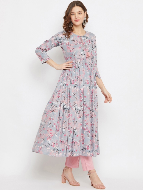 

Tissu Women Grey & Pink Floral Printed Flared Sleeves Floral Kurta