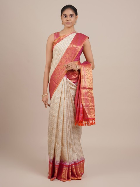 

Pothys Cream-Coloured & Pink Pure Silk Checked Gadwal Saree