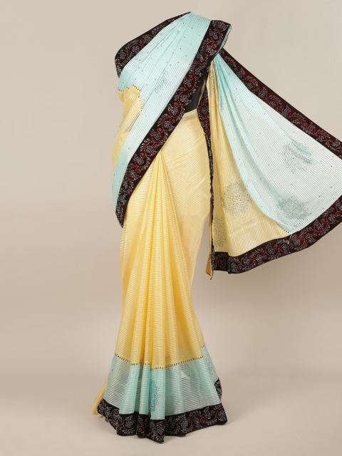 

Pothys Blue & Yellow Poly Chiffon Colourblocked Saree