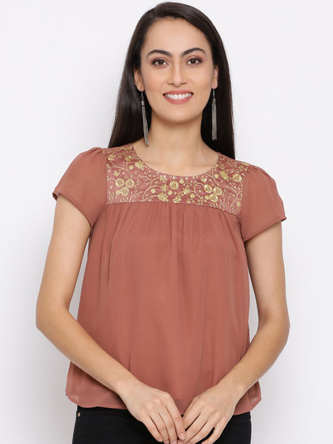 

ALL WAYS YOU Brown Floral Puff Sleeves Georgette Regular Top