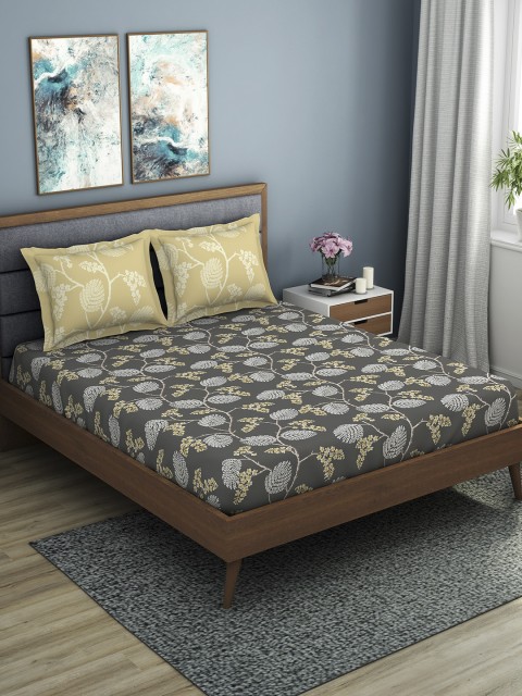 

SPACES Grey & Beige Floral 144 TC Cotton 1 Queen Bedsheet with 2 Pillow Covers