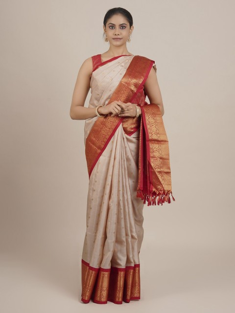 

Pothys Cream-Coloured & Red Pure Silk Woven Design Gadwal Saree