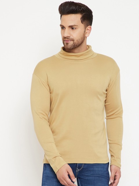 

Hypernation Men Beige Solid High Neck Pure Cotton T-shirt