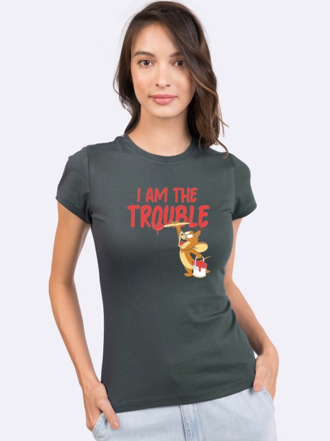 

Bewakoof Women Grey & Red Jerry Printed Round Neck T-shirt