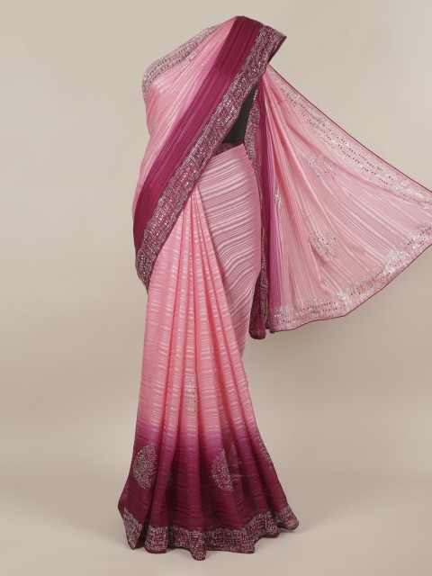 

Pothys Pink Striped Poly Chiffon Saree