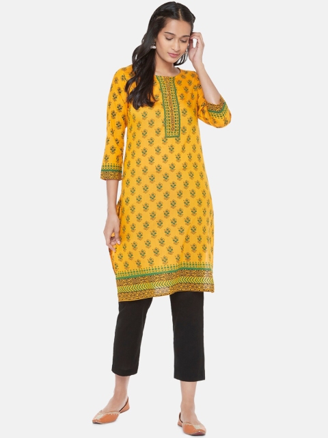 

Ethnicity Women Mustard Yellow & Green Ethnic Motifs Printed Kurta
