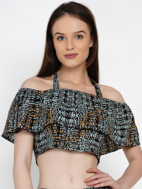 

Texco Black & Blue Geometric Printed Cape Sleeves Bardot Crop Top