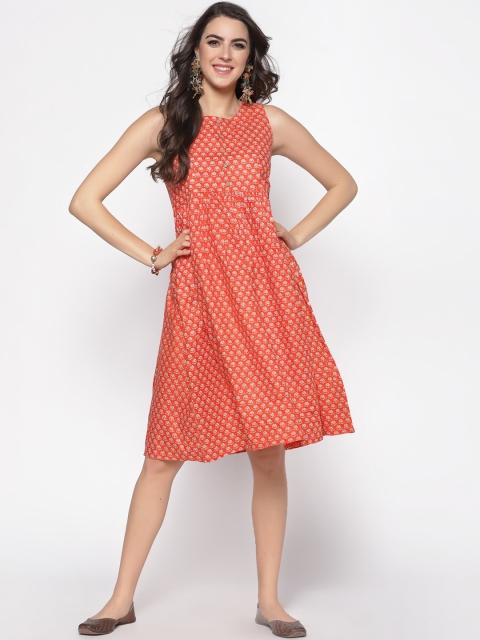 

Sera Women Orange Printed Fit and Flare Dress