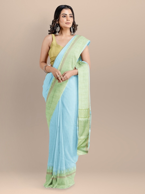 

BharatSthali Blue Pure Cotton Solid Maheshwari Saree