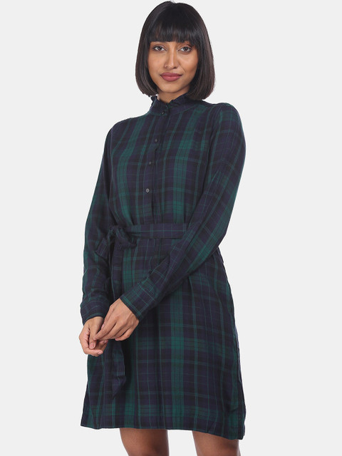 

GAP Women Green Checked A-Line Dress