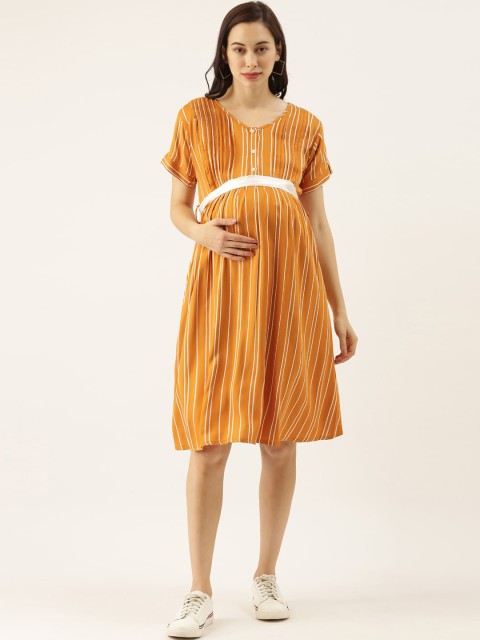 

GOLDSTROMS Women Mustard Striped Maternity Short Gown Dress