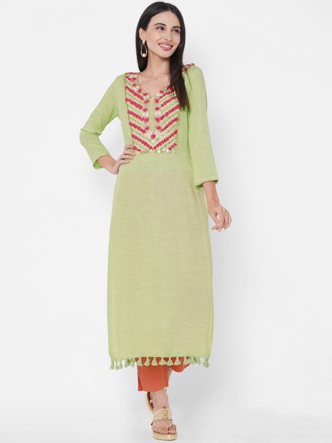 

FASHOR Women Green & Pink Yoke Design Thread Work Kurta