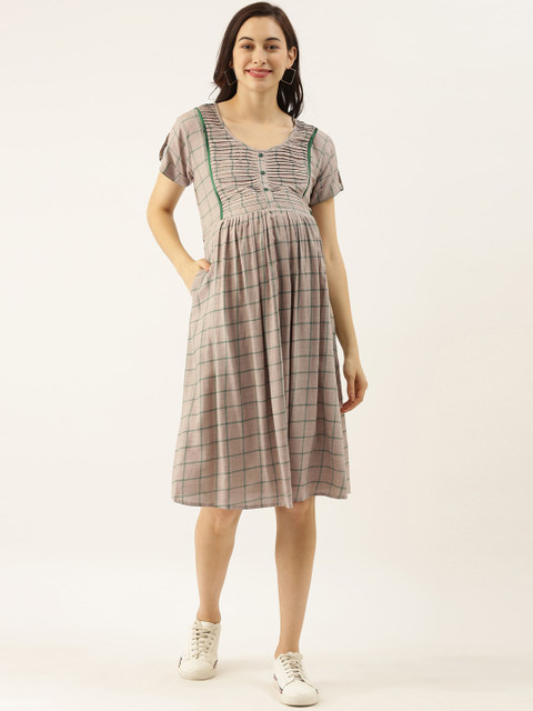 

GOLDSTROMS Women Taupe & Green Checked Fit & Flare Maternity Dress