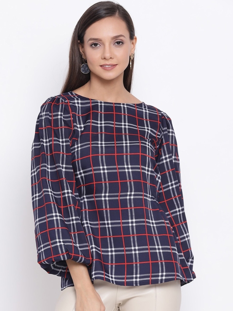 

ALL WAYS YOU Navy Blue & Red Checked Puff Sleeves Crepe Regular Top