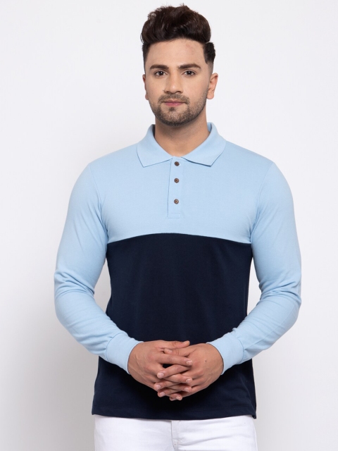 

Kalt Men Turquoise Blue Colourblocked Polo Collar T-shirt