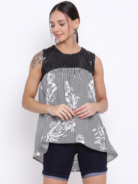 

ALL WAYS YOU Women Black Floral Printed High-Low Top