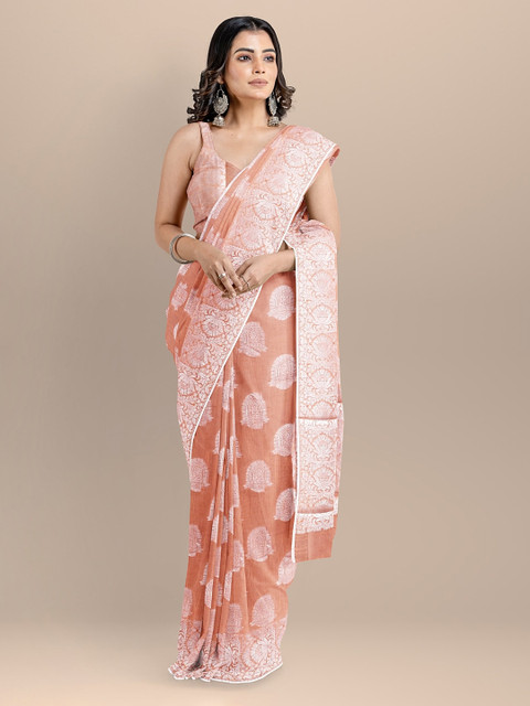 

BharatSthali Peach-Coloured & Silver-Toned Silk Cotton Woven Design Banarasi Saree
