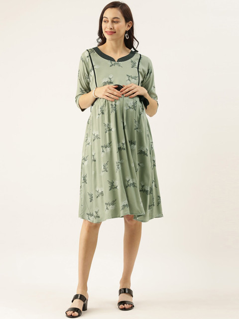 

GOLDSTROMS Women Green Floral Printed Fit and Flare Maternity Dress