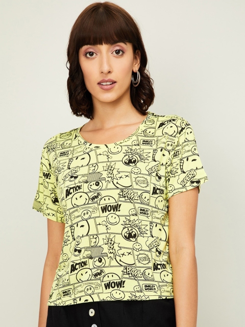 

SmileyWorld Women Yellow Printed Round Neck T-shirt