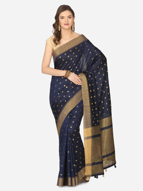 

BOMBAY SELECTIONS Navy Blue & Gold-Toned Poly Silk Woven Design Tussar Saree
