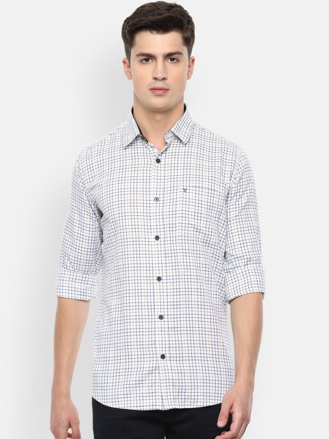 

V Dot Men White & Navy Blue Regular Fit Checked Casual Shirt