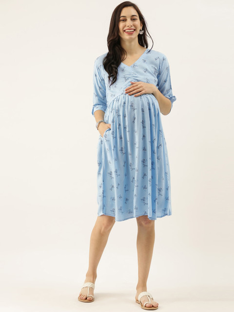 

GOLDSTROMS Women Blue Printed Maternity Fit and Flare Dress