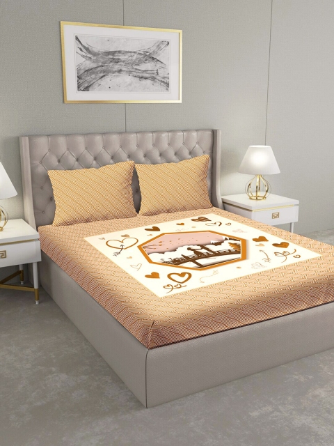 

BELLA CASA Beige & Cream-Coloured Graphic 124 TC Cotton 1 King Bedsheet with 2 Pillow Covers