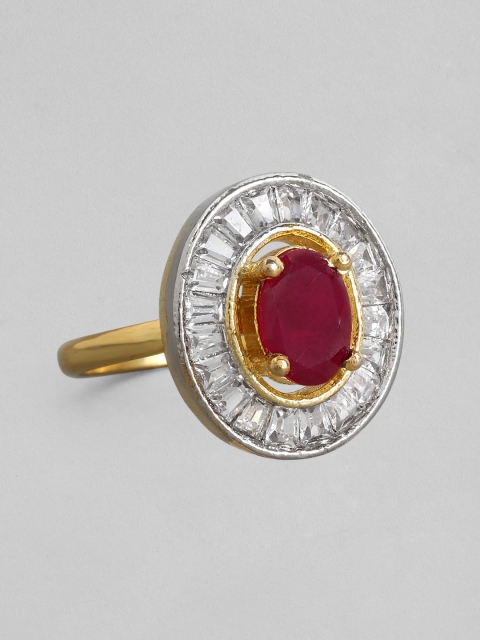 

Rubans Gold-Plated Red & Silver-Coloured Zircon Studded Handcrafted Stone Ring