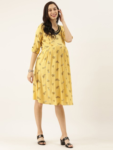 

GOLDSTROMS Women Yellow Printed Fit and Flare Maternity Dress