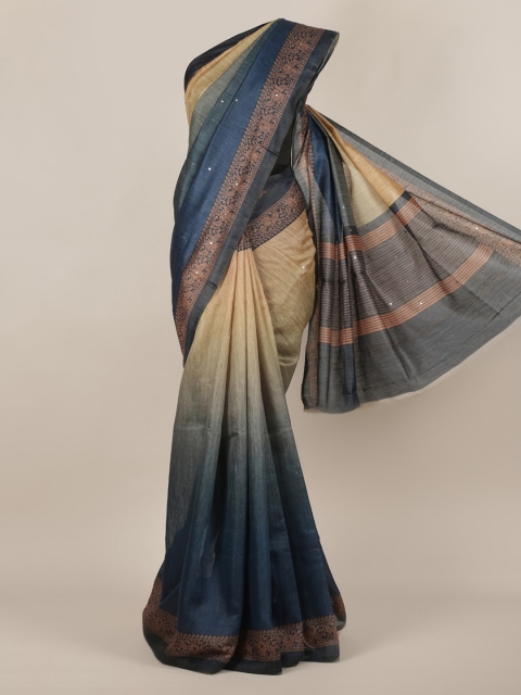 

Pothys Navy Blue & Cream-Coloured Jute Silk Printed Saree