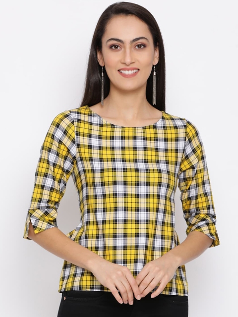 

ALL WAYS YOU Yellow & White Checked Georgette Regular Top