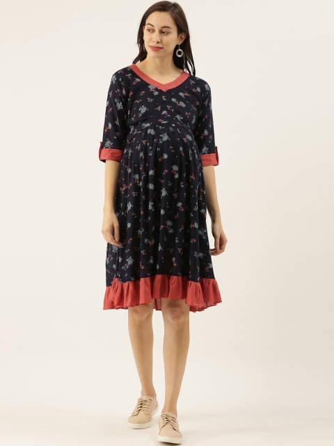 

GOLDSTROMS Women Navy Blue Printed Maternity Fit and Flare Dress
