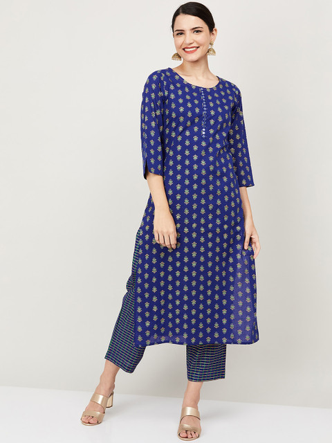 

Melange by Lifestyle Women Navy Blue & Green Printed Kurta with Trousers